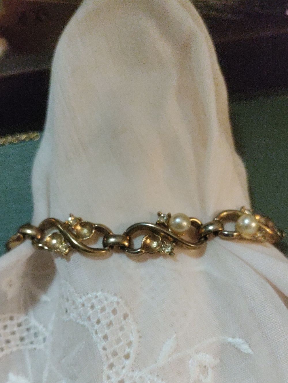 Trifari Gold-Tone Link Bracelet with Pearls and Rhinestones